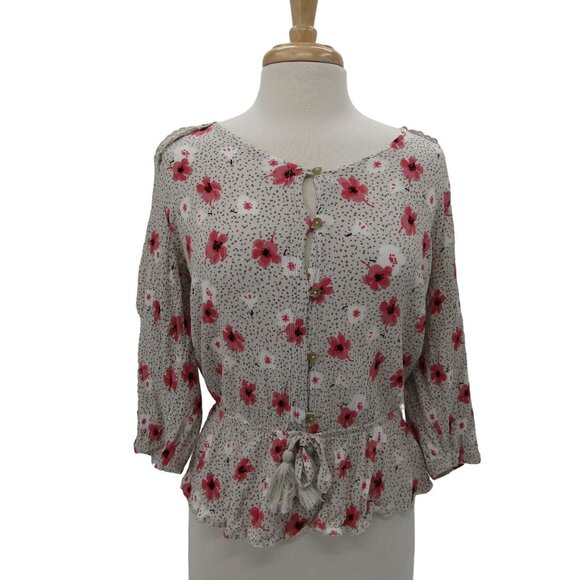 Angels Womens 3/4 Sleeve Button Front Floral Peplum Blouse Top XL Casual Rayon - Picture 1 of 14